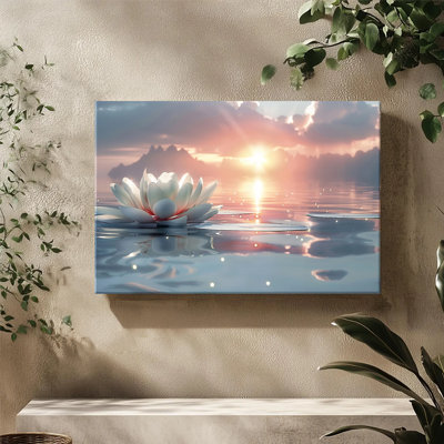 1pc Framed Canvas Wall Art Prints Poster, Zen White Lotus Wall Art Sunrise Meditation Art Posters Canvas Print Painting for Living Room Bedroom Office Bathroom Dorm Home Decor, Ready To Hang