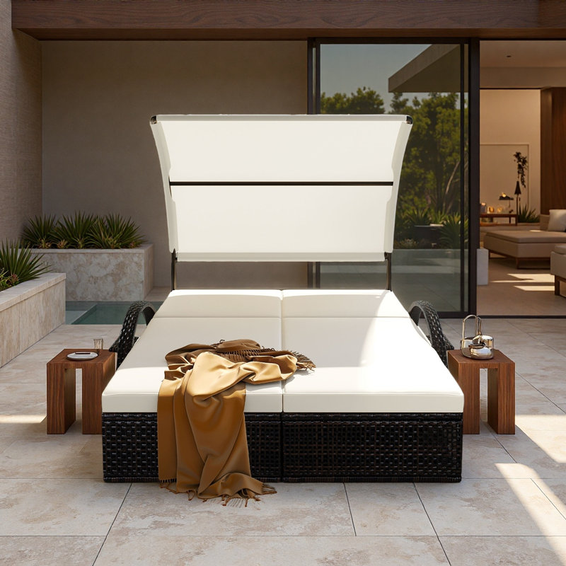 Outdoor Steel Frame Sun Lounger With Curved Sun Canopy, Adjustable Backrest, Hidden Side Table And Arched Armrests, Beige