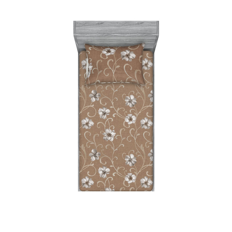 Drap-housse et taies décoratives 3 pièces Ambesonne, Cacao / motif floral gris pâle