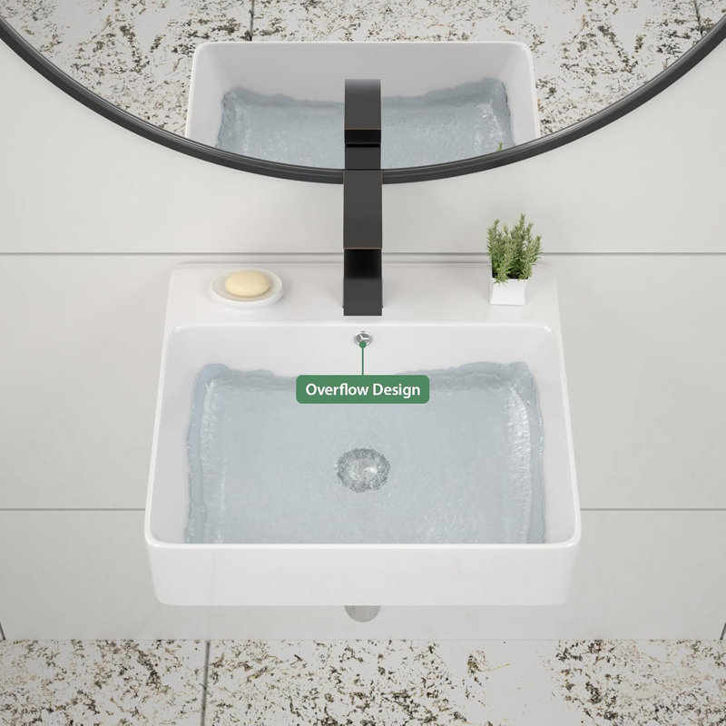 Modern Wall-Mounted Rectangular Ceramic Bathroom Sink With High-Gloss Finish And Overflow Hole