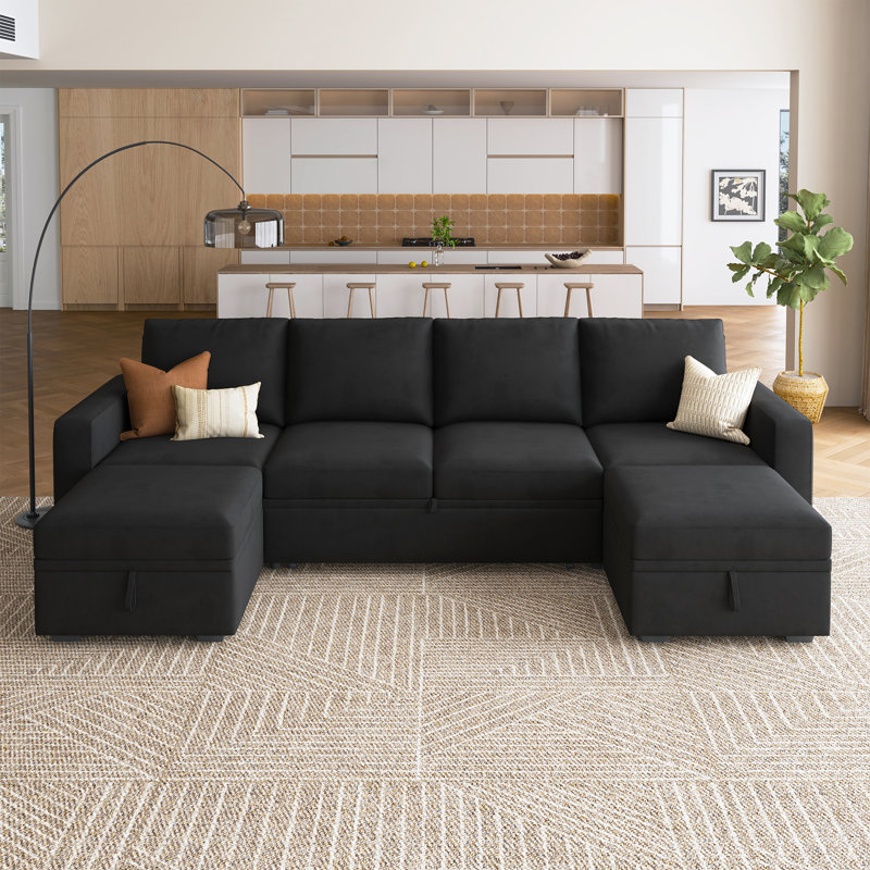 Canapé modulaire avec rangement en U Niyona, Velours noir