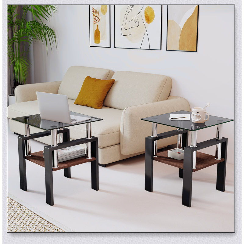Ensemble de 2 tables basses et tables de bout modernes en verre trempé, durables et élégantes avec couche de panneau de fibres à densité moyenne pour un rangement supplémentaire