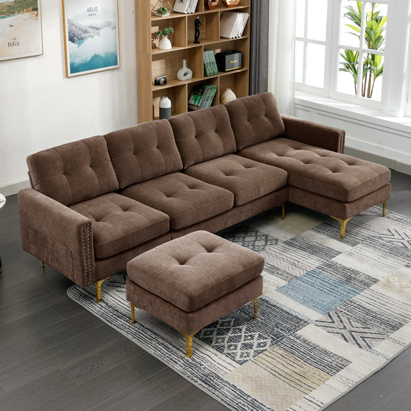 Canapé modulaire convertible en L 110 po avec repose-pieds mobile pour salon, appartement, bureau, brun