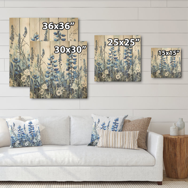 Blue Bonnets Floral Collage I - Blue Bonnets, art mural sur bois de pin naturel, H 36 po x l 36 po