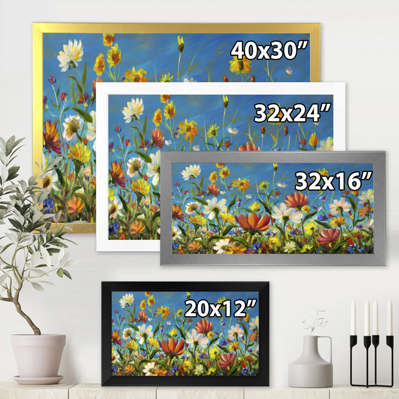«Beautiful Field Flowers In Wild Nature», peinture sur toile, Cadre blanc, H 30 po x l 40 po x 1,5 po