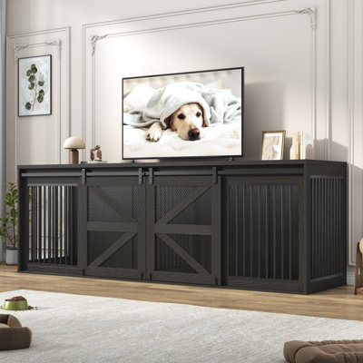 95"W Dog Crate Furniture, Farmhouse Wooden Dog Kennel TV Stand, With Sliding Metal Mesh Barn Door, Large Dog Crate Furniture For 2 Dogs, Metal Tube & 2 Lockable Doors