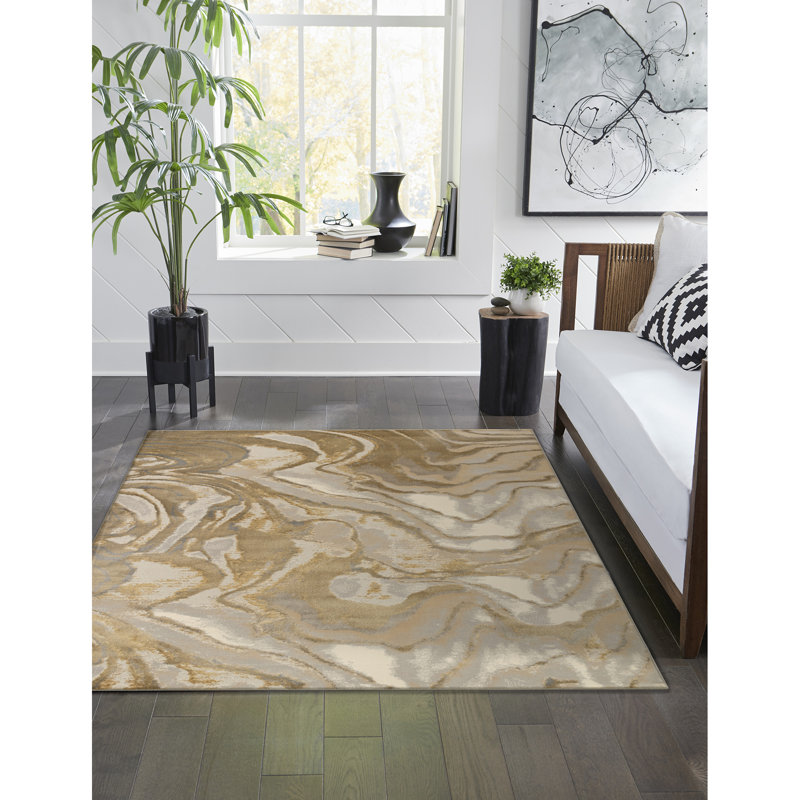 Tapis en polypropylène tissé à la machine à motif abstrait en brun / beige / gris clair, Rectangle 8 pi 10 po x 11 pi 9 po