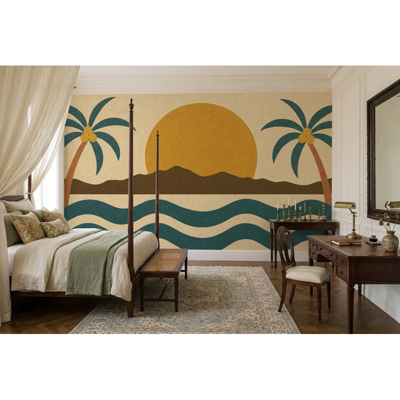 Fresque murale rétro côtière avec palmiers et coucher de soleil, paysage du milieu du siècle, 180"x120", Peel and Stick
