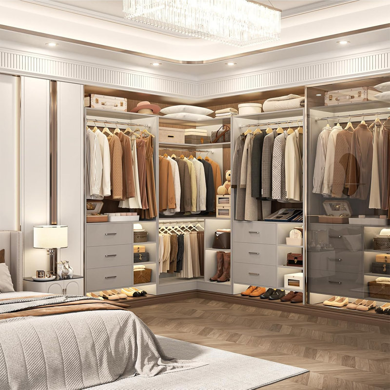 61'' - 92.6''  W Closet System with Wooden Drawers and Hanging Rods, Gray