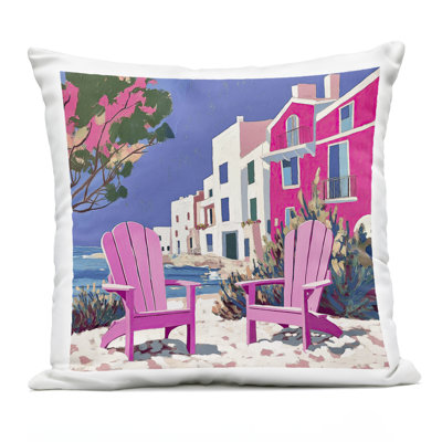 Beach Chair Meetup in Pink Outdoor Printed Pillow design by Annabelle Hall