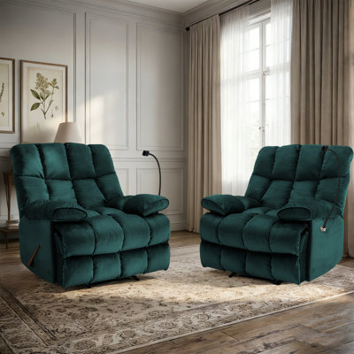 Manual Handle/Lever Recliner Chair with Sturdy Metal Support Frame, Extra Thick Padded Armrest & Built-in Phone Holder, Velvet Recliner for Living Room, Bedroom, Home Theater(set Of 2)-Teal