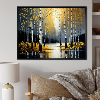 Monochromes de bouleaux dorés au bord de la rivière V - paysage, art mural sur toile