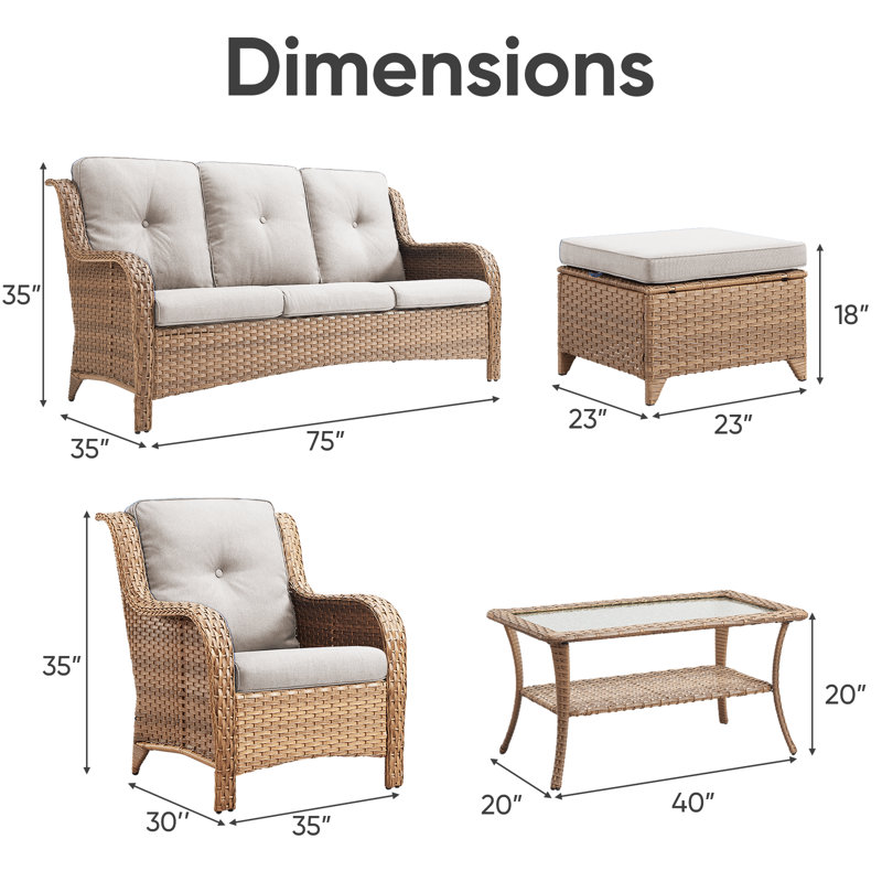 Carolina 6-Piece Wicker Outdoor Patio Furniture Set With Sofa And Coffee Table, Beige
