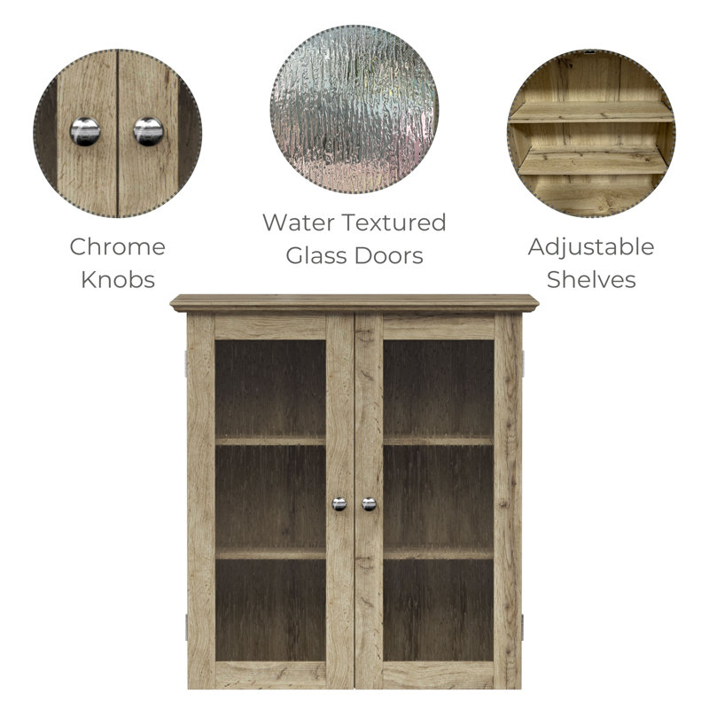Removable Two-Door Wall Cabinet with Water-Textured Glass and Adjustable Shelves, Light Oak