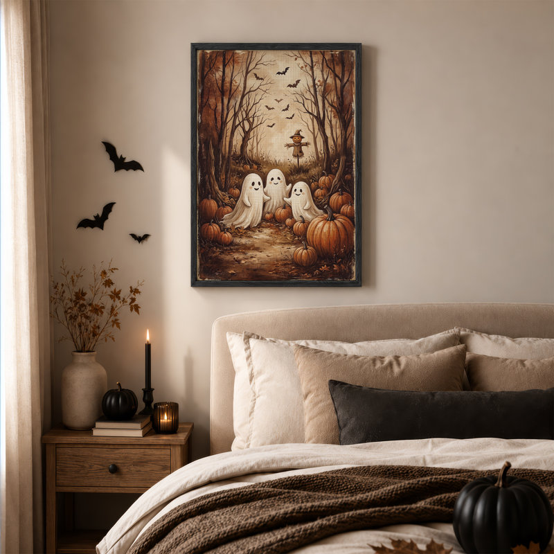 «Sourire, fantômes et citrouilles dans un chemin forestier sépia», art mural sur toile, 36"H x 24"W