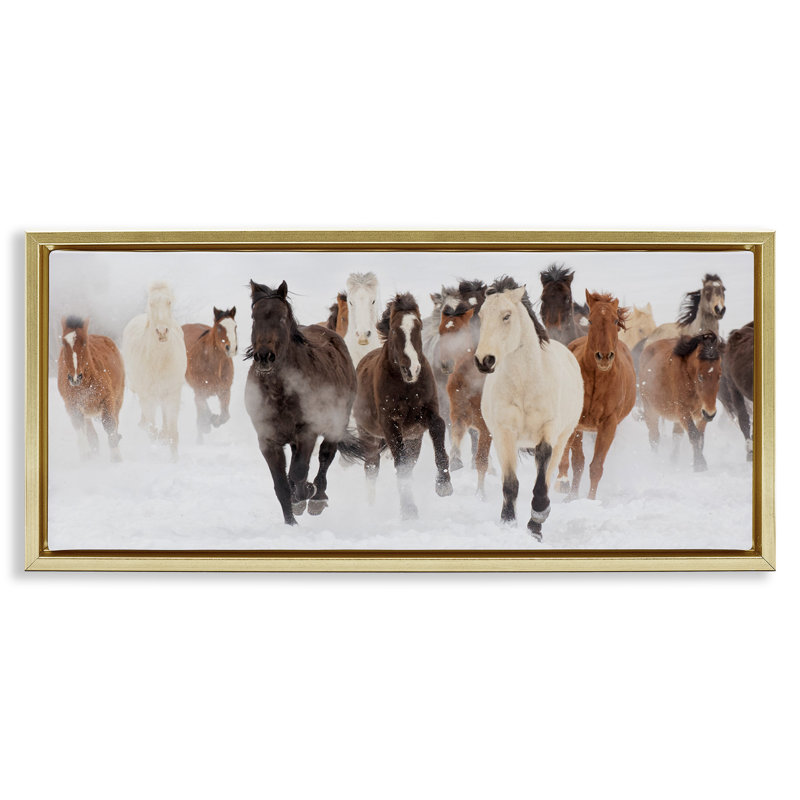 Wild Horses Herd Foggy Winter, Metallic Gold Floater Frame, 14" H x 31" W