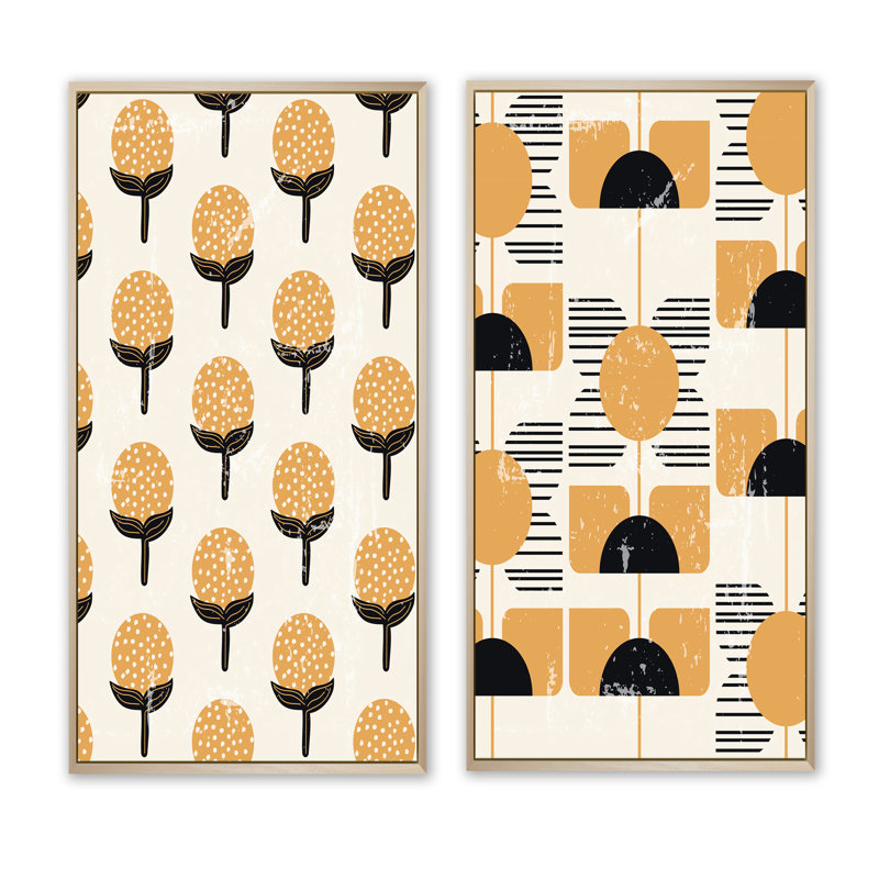 «Mid Century Retro Boho Geometometric Design I», ensemble de 2 impressions, H 32 po x l 32 po x P 1 po, Toile avec cadre brun