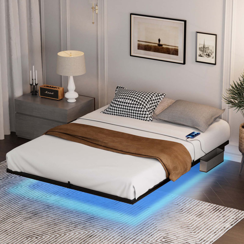 Base de lit flottante avec lumières DEL, station de charge, plateforme en métal, Grand lit