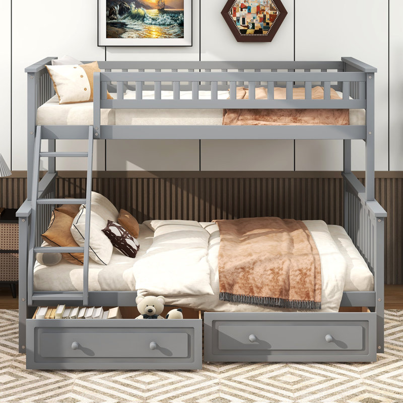 Twin Over Full Bunk Bed With Drawers, Convertible Beds, Gray, Gray