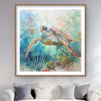Tortue turquoise avec passe-partout encadré pour la décoration intérieure | Art