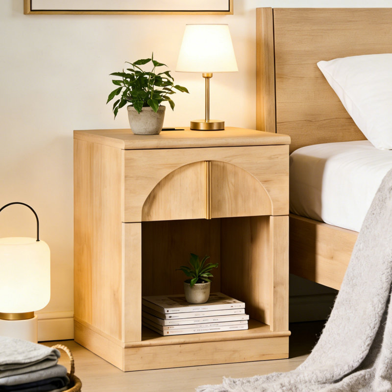 18"W Modern Arched Nightstand with Charging Station, Bedside Table with Drawer and Open Shelf, Tan, Individual