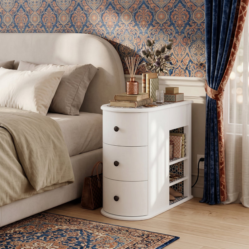 Table de chevet étroite 12 po avec porte-gobelets dissimulés et prises de courant, table de chevet en bois compacte avec table d'appoint coulissante et 2 tiroirs pour la chambre à coucher