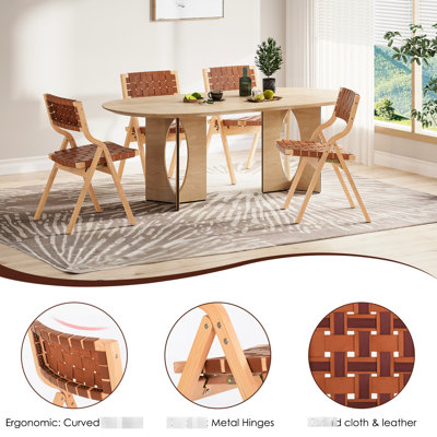 Chaises pliantes pour l'intérieur, de 2, avec dossier en sangle d'inspiration bois, sièges en bois tissés confortables et élégants, couleur naturelle brune, rehaussent l'esthétique de la pièce