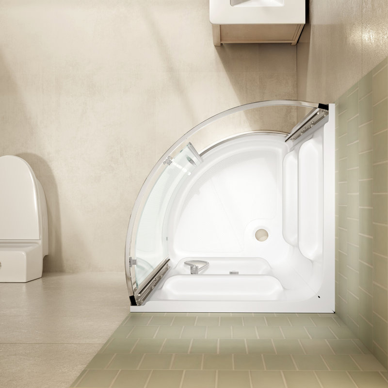 Ensemble de douche de coin ronde en chrome L 35 po x l 35 po x H 72,83 po Breeze, porte coulissante transparente, murs et poêle