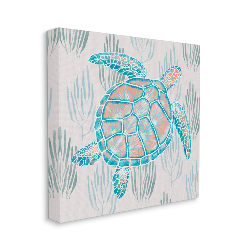 «Turtle de mer parmi les herbes de l'océan», art mural surdimensionné bleu orange par Ziwei Li an-194
