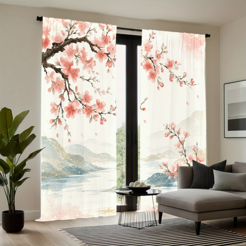 Rideau filtrant la lumière à motif de fleurs de cerisier, 2 pièces, aquarelle, W52inch*H84inch×2PCS