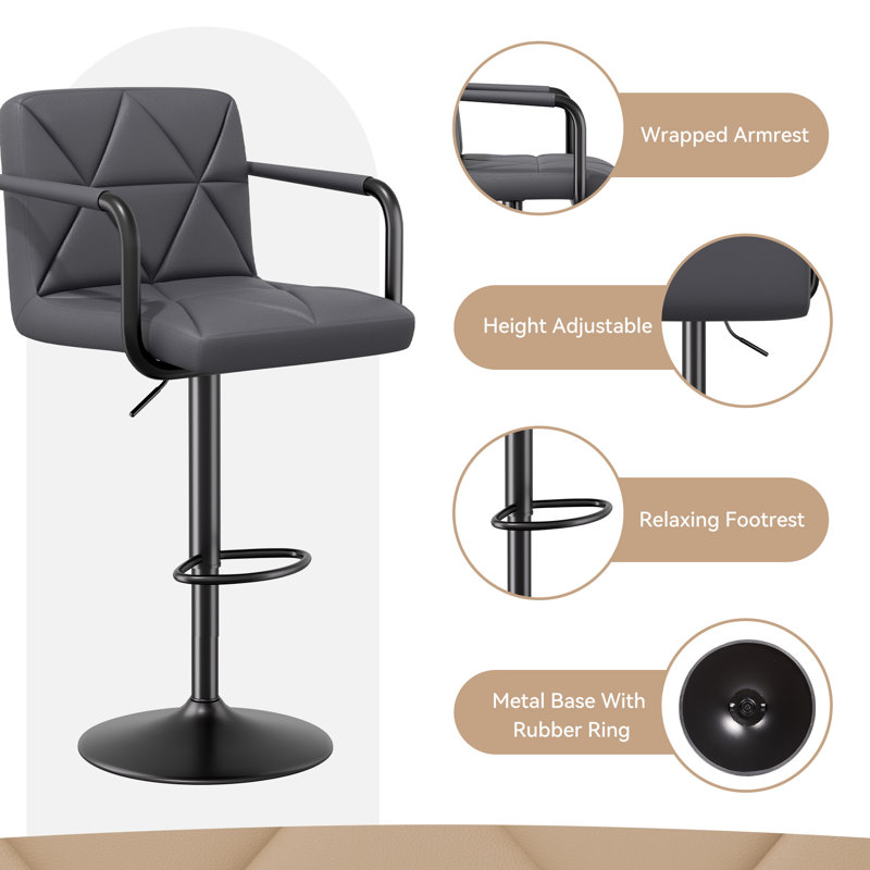 Upholstered Adjustable Height Counter Stool with Metal Frame, Dark Grey