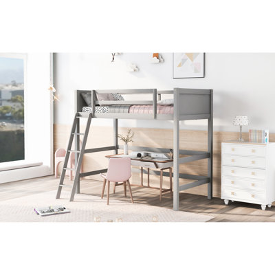 Lit mezzanine simple en bois massif gris avec structure en pin, 14 lattes pour le soutien et le style au sol, L 78,9 po x l 42 po x H 67,3 po, aucun sommier requis