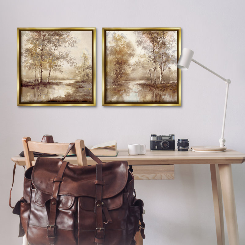 Ensemble de 2 toiles flottantes encadrées noires Woodland Views in sépia, design par T.C. Chiu, H 25 po x l 25 po