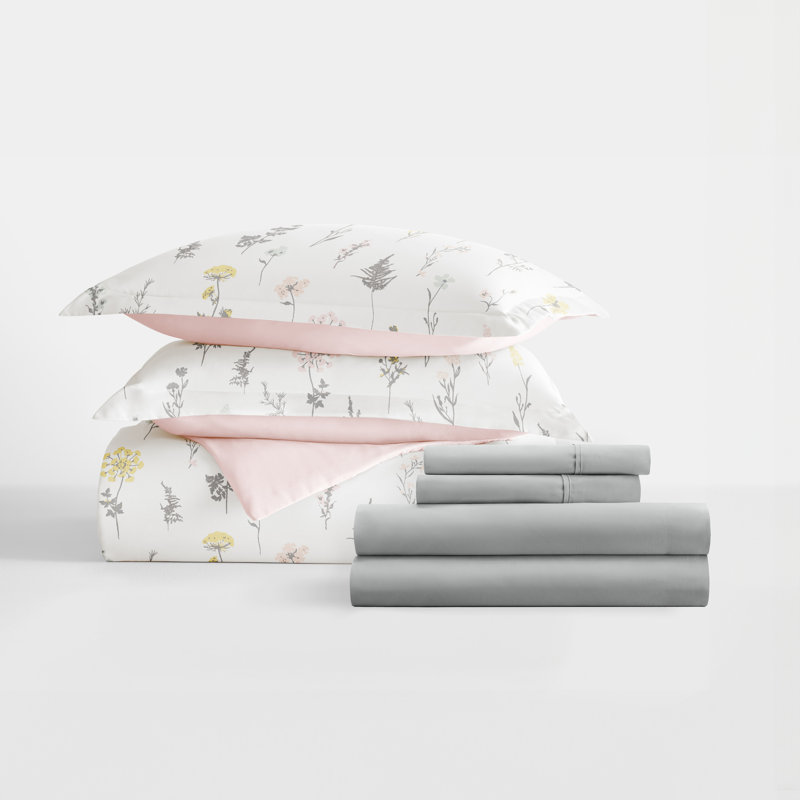 8-Piece Reversible Bedding Bundle - Patterned Duvet Cover, Comforter Insert and Solid Sheet Set, Pink Floral