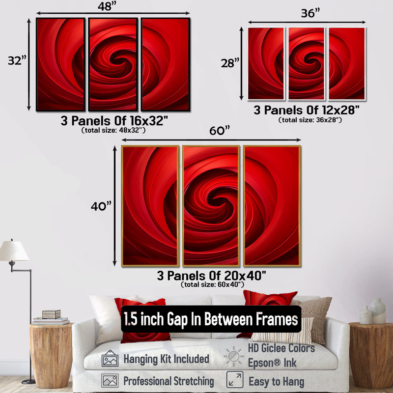 Red Perpetual Pulse Vortex I - Abstract Spirals Wall Decor Set, 28" H x 36" W x 1" D, Brown Floater Framed