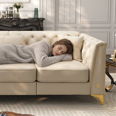 Pouf Chesterfield modulaire léger et luxueux, tabouret en similicuir capitonné à la main, pattes minces en métal pour salon, appartement, beige/blanc