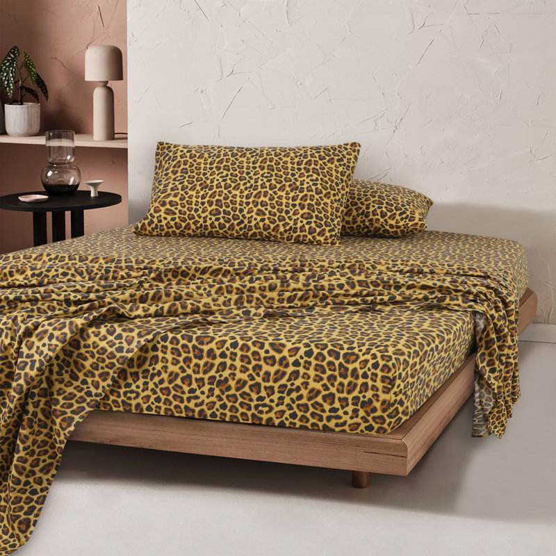  100% Percale Cotton Sheet Set, Leopard Brown, Queen Sheet Set + Fitted Sheet + Pillowcase