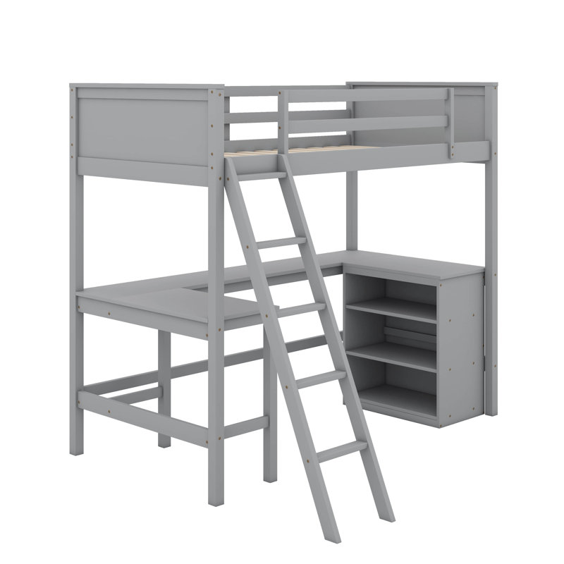 Lit mezzanine simple avec tablettes et bureau, Gris