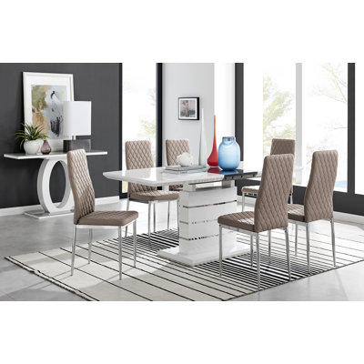 Everson Large High Gloss Extendable Dining Set with 6 Luxury Faux Leather Upholstered Dining Chairs