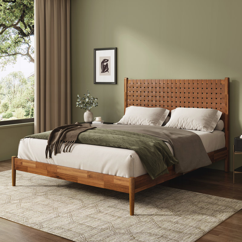 Très grand lit plateforme avec tête de lit en cuir végétalien tissé à la main, cadre de lit de style Mid-Century moderne
