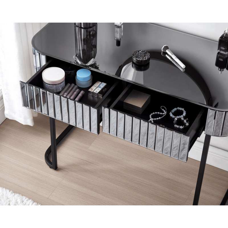 Coiffeuse à maquillage 39 "avec base en acier inoxydable, coiffeuse à miroir avec 2 tiroirs, bureau polyvalent pour la chambre à coucher et le bureau, argent