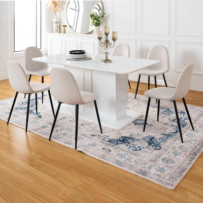 9-Piece High Gloss Dining Table With 8 Beige Fabric Durable Metal Legs Chairs For 6-8 Persons, 63-80.7'' Contemporary Extendable Table Set For Dining Room, Conference Room, Reception Area, White