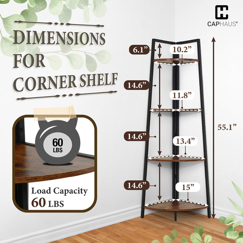 Tall Corner Shelf Stand, 4-Tier Display Shelves, Ladder Corner Wood Storage Plant Bookshelf with Metal Frame, Versatile Shelving Unit Bookcase for Home Office Space, Rustic Oak