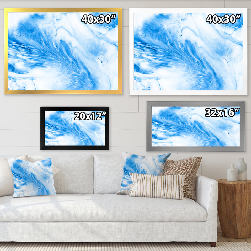 Vagues bleues et blanches V - peinture sur toile, Cadre noir, H 16 po x l 32 po x P 1 po