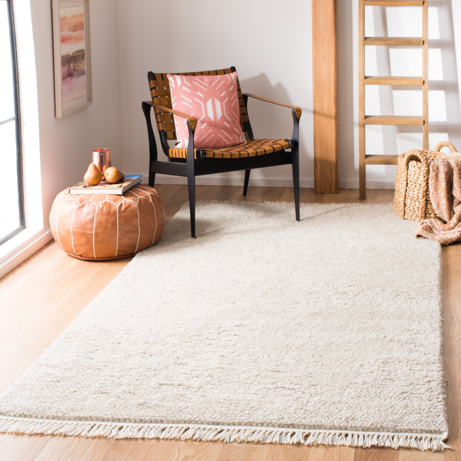 Wyly Handmade Shag Wool Beige Rug, Rectangle 5' x 8'