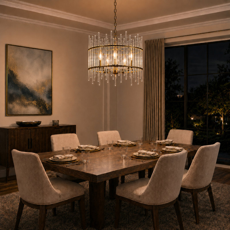 Eletto 5-Light Dimmable Glass Drum Chandelier, Nickel