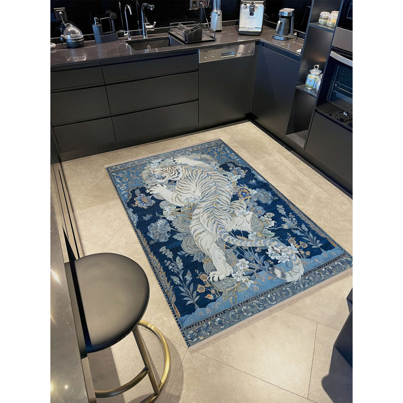 Tapis décoratif gris à motif tissé tigré et fleurs de la collection Tokyo