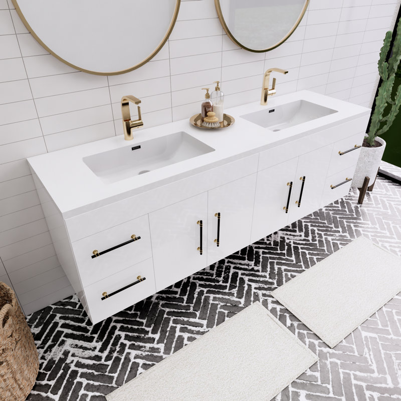 Ensemble de meuble-lavabo double mural 72 po Spring, Blanc lustré