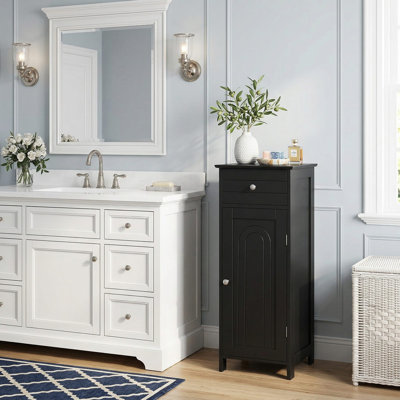 Wooden Free Standing Floor Storage Cabinet With Smooth Pull Out Drawer And Spacious Adjustable Open Storage Shelves For Bathroom