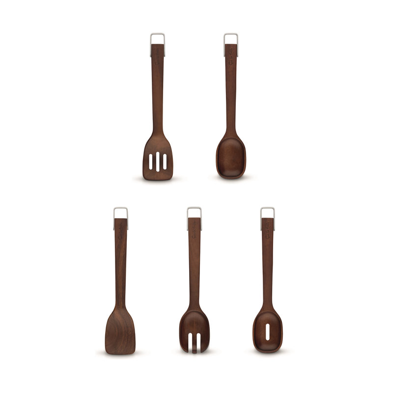 Sur La Table, Set of 5 Wooden Utensils, Solid Turner/Solid Spoon/Slotted Turner/Slotted Spoon/Salad Fork, Easy to Clean, Walnut